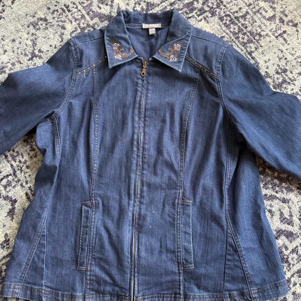 Women’s Y2K Dark Wash Essentials Sz 18 Embroidered Boho Zip-Up Denim Shacket - Picture 4 of 9